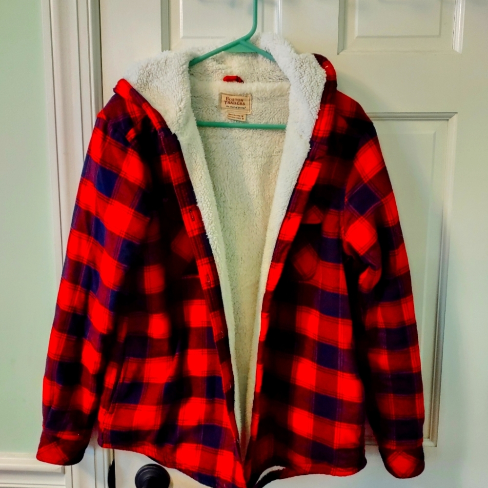 Black and red checkered fleece lined Winter coat.
